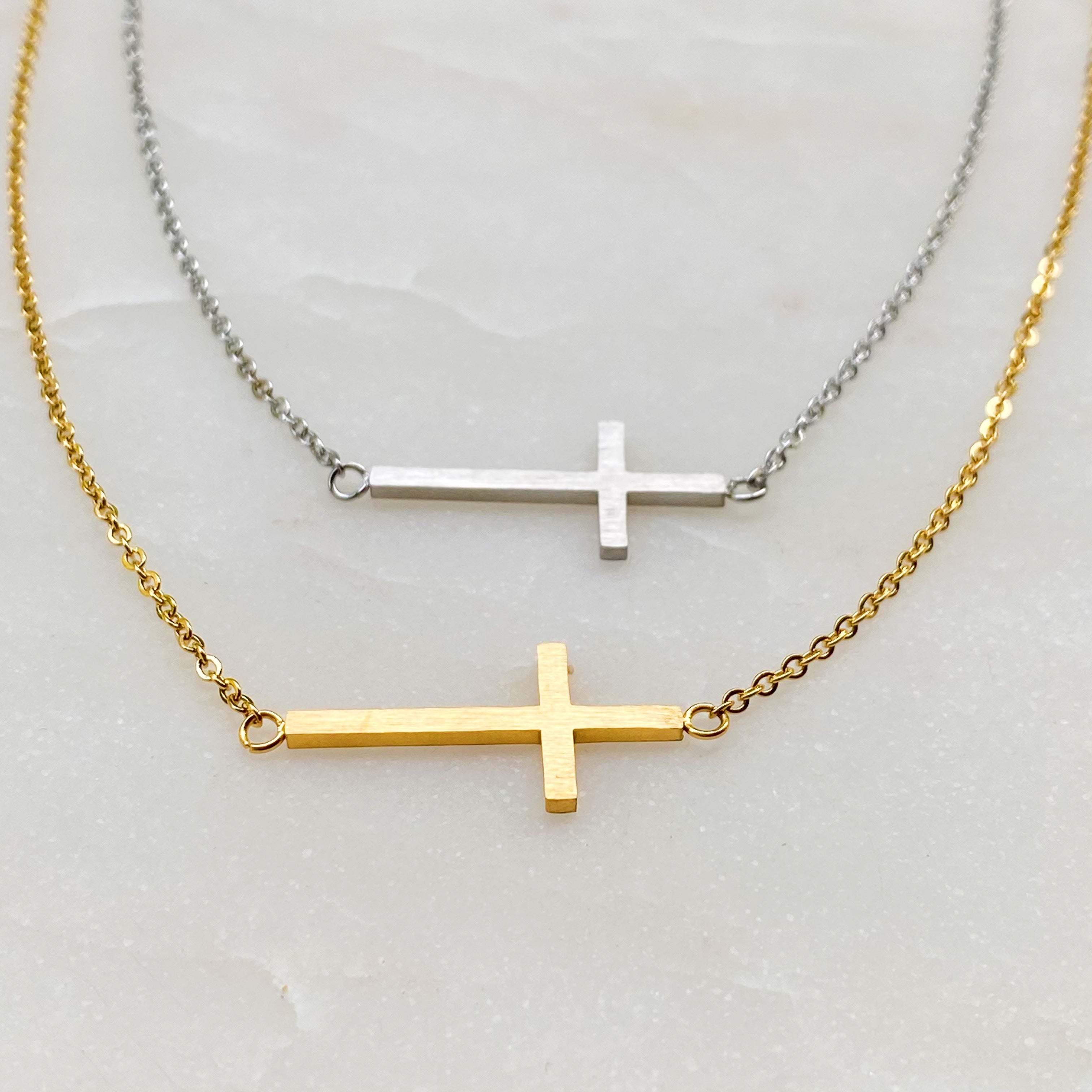 Kayla Side Hanging Cross Necklace 18K Gold Plated Stainless Steel-3
