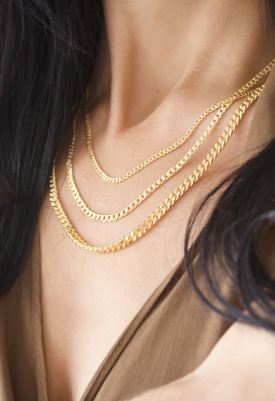 Triple Cuban Chain Necklace 18K Gold Layered 15 Inch 3 Chains-1