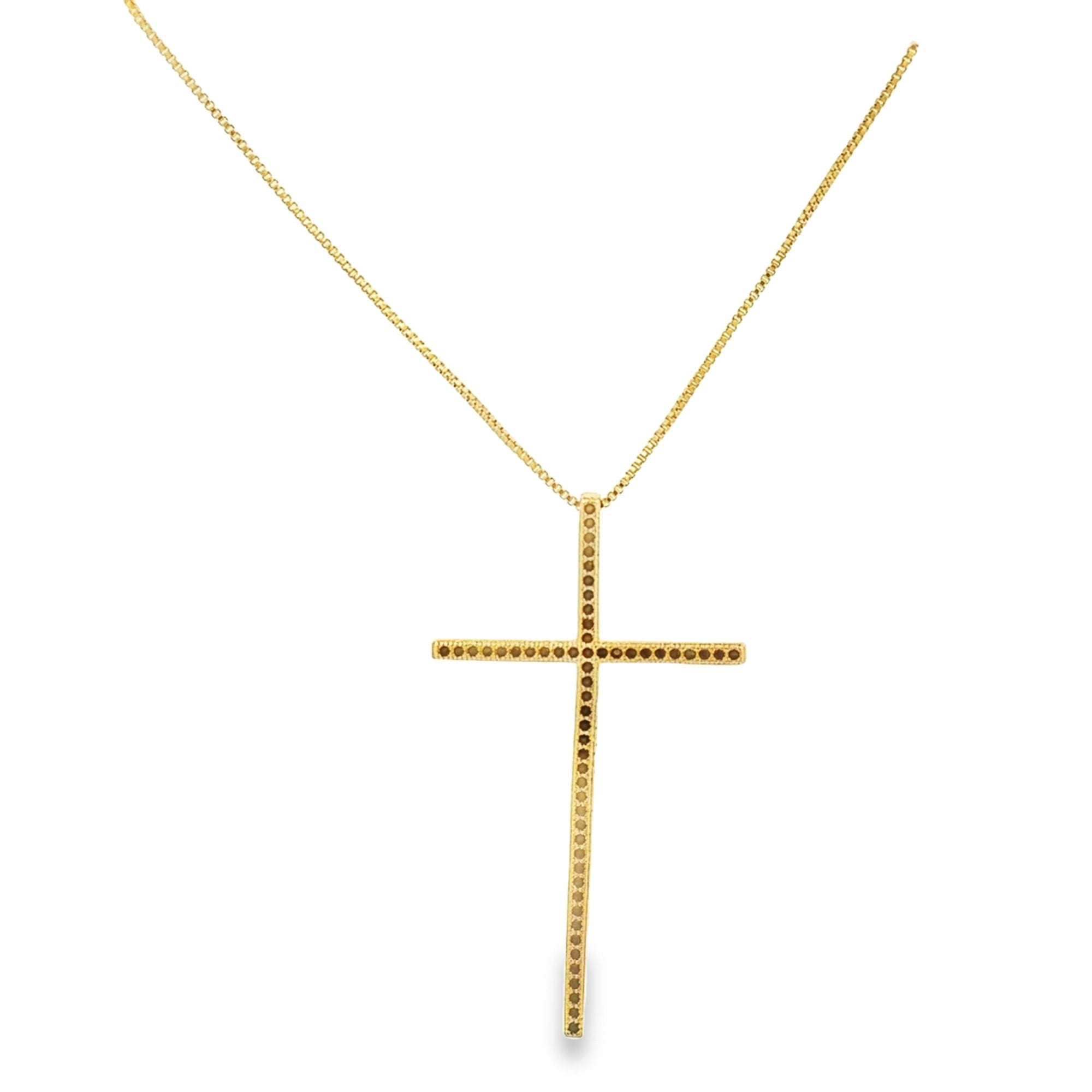 18K Gold Filled Slim Long Cross Necklace with CZ Stones 18 Inch
